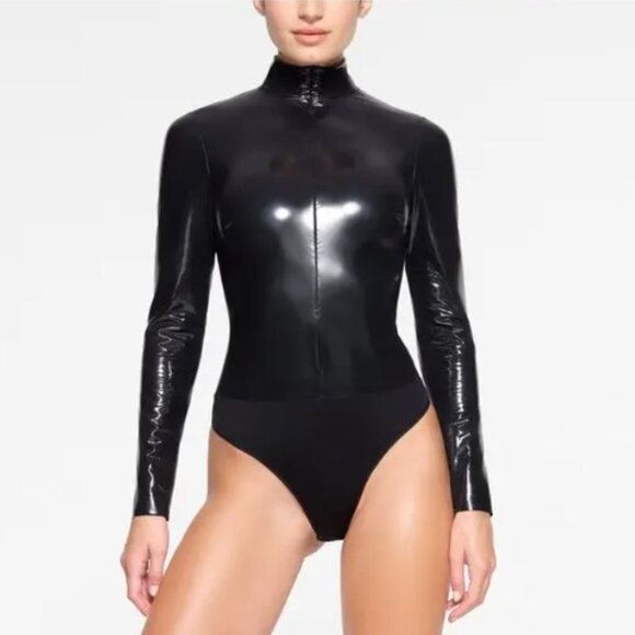 SKIMS Stretch Vinyl Long Sleeve Bodysuit XL Onyx - Picture 1 of 8